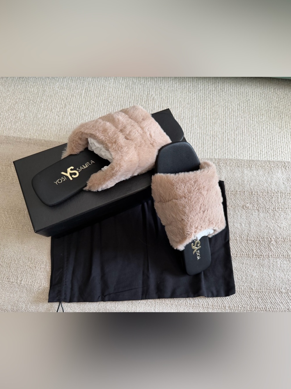 Yosi Samra Beige Faux Fur Slide Mules with Black Footbed - Never Worn.